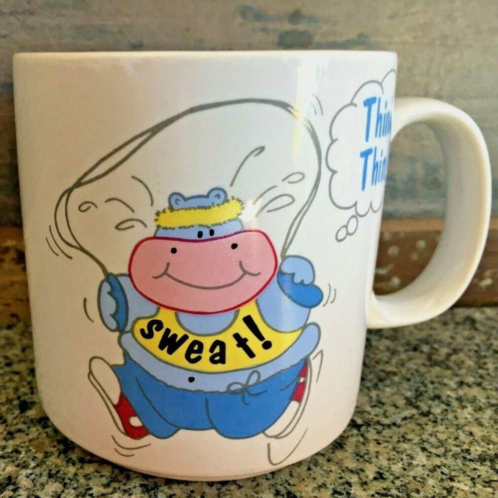 Vtg Russ Berrie Cup Mug "Think Thin" Hippo Hippopotamus Jumping Rope Sweat Diet